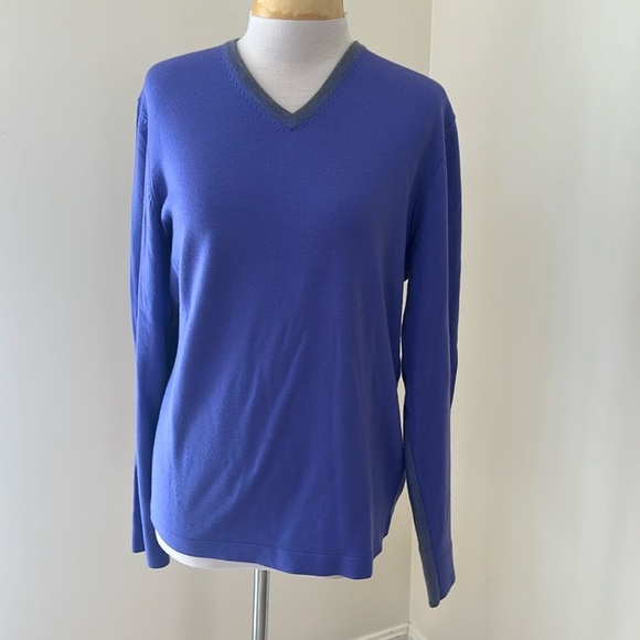 Elie Tahari medium purple with gray stripe merino wool sweater.